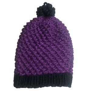 Black And Purple Handmade Crochet Beanie With Pom